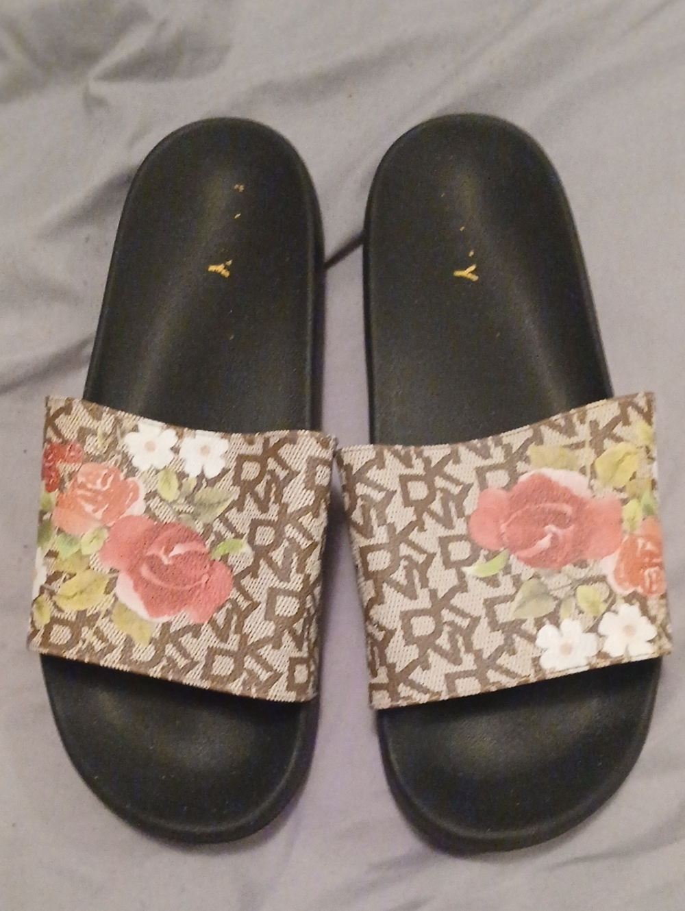 DKNY Brown Logo Floral Slide Sandals with Pink Roses